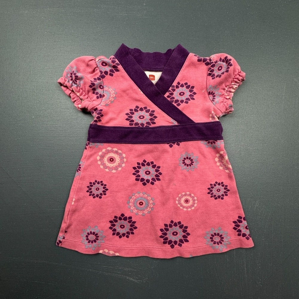 Tea Collection Baby Girl 6-12M Pink Floral Short Sleeve Wrap Dress Casual A-Line